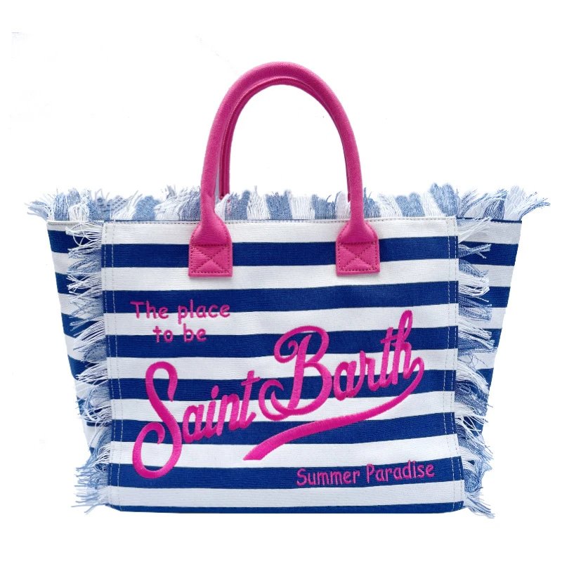 Saint Barth Handbags Fringed logo tote bag — horizontal dark blue