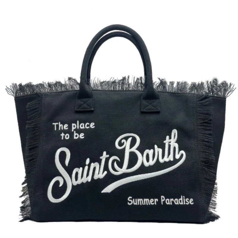 Saint Barth Handbags Fringed logo tote bag — Black with white embroidery