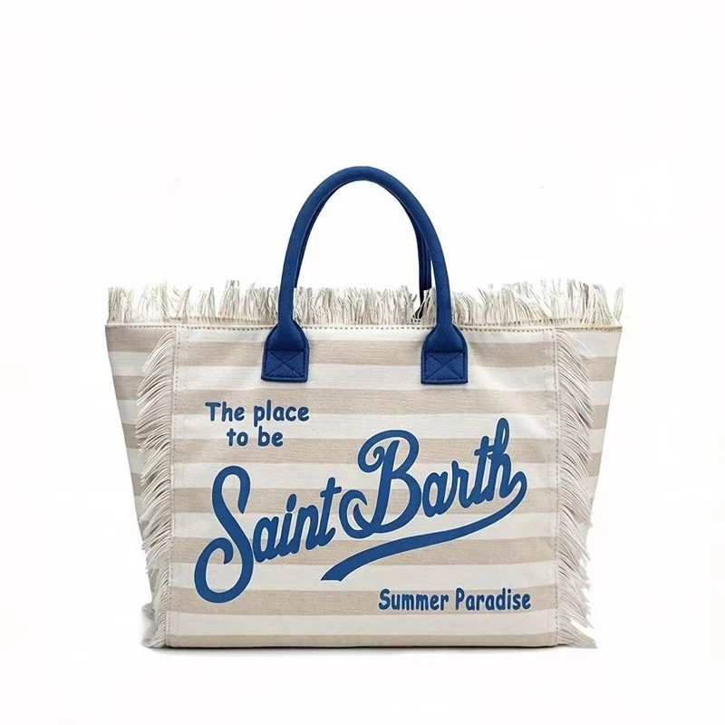 Saint Barth Handbags Fringed logo tote bag — Horizontal apricot in blue letters