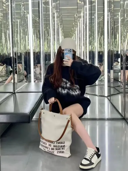 Saint Laurent Monogram-Trimmed Shearling Crossbody Bag in Beige and Black Sweater - 7