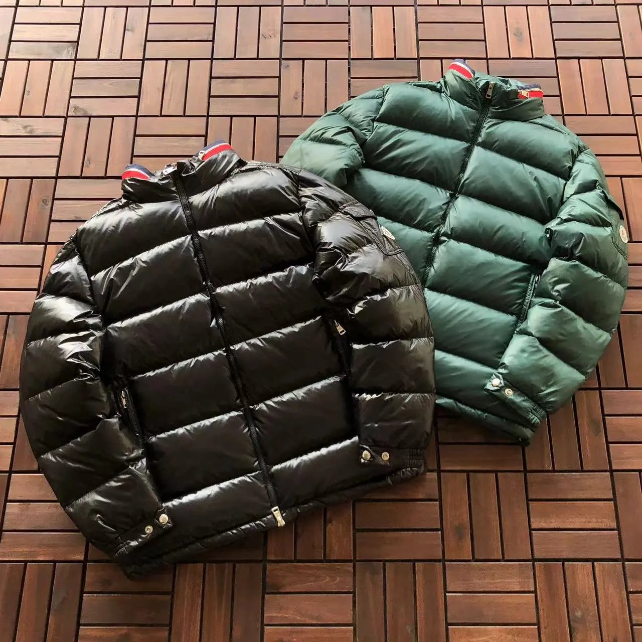 Moncler Maya Down Jacket Black with White and Red Stripe Trim - 9
