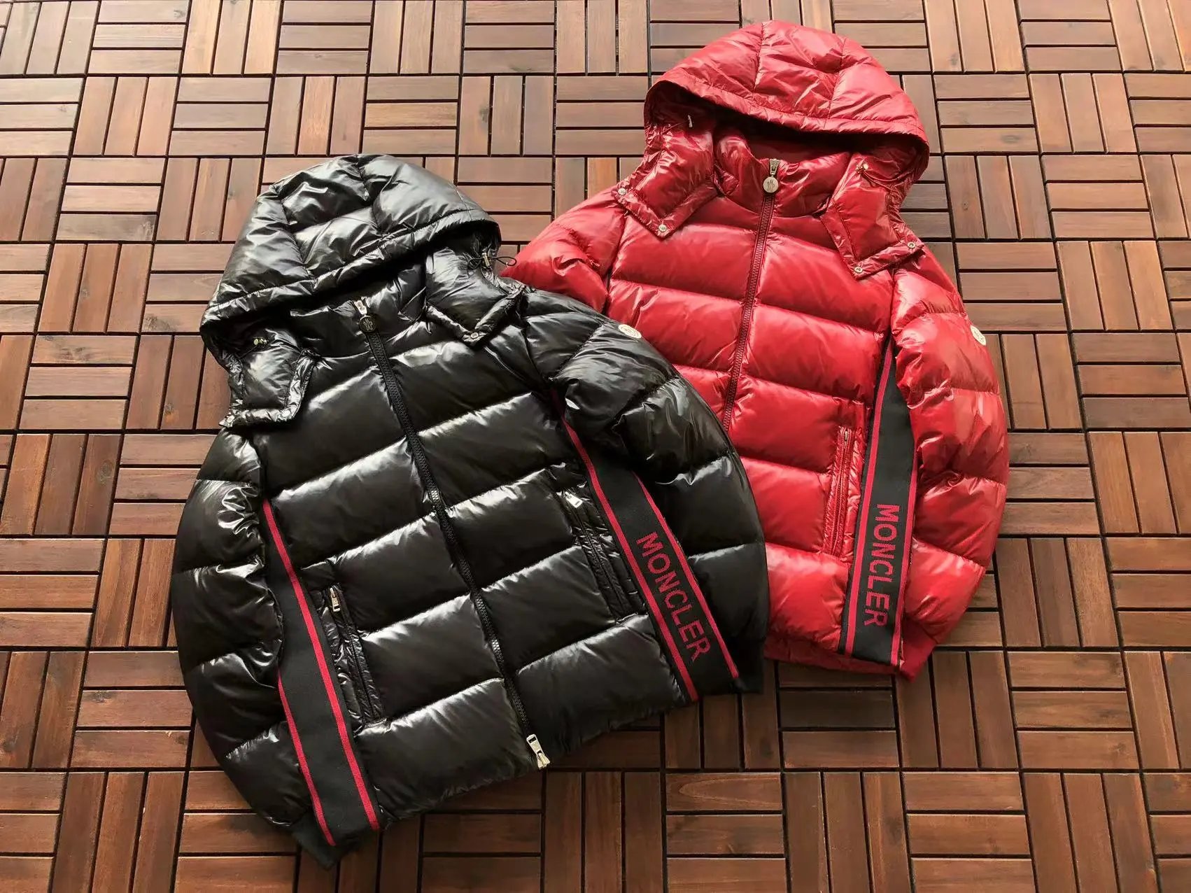 Moncler Maya Down Jacket Black with White and Red Stripe Trim - 10