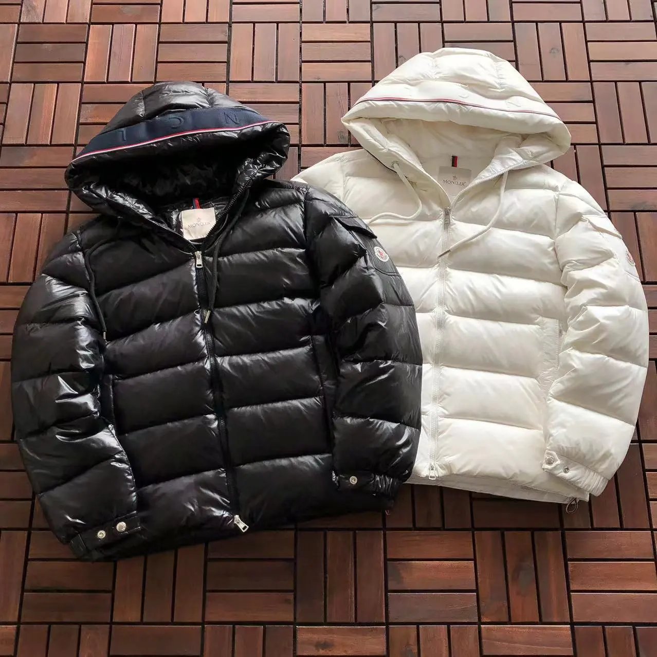 Moncler Maya Down Jacket Black with White and Red Stripe Trim - 5