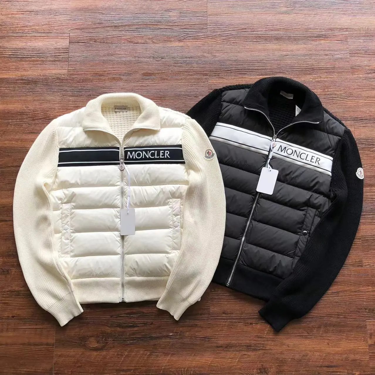 Moncler Maya Down Jacket Black with White and Red Stripe Trim - 17