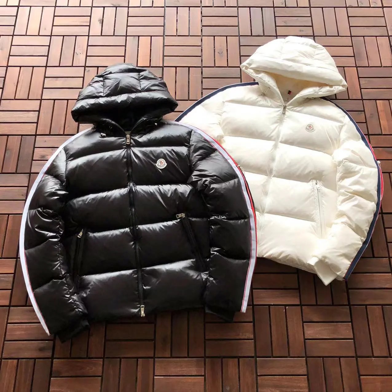 Moncler Maya Down Jacket Black with White and Red Stripe Trim - 7