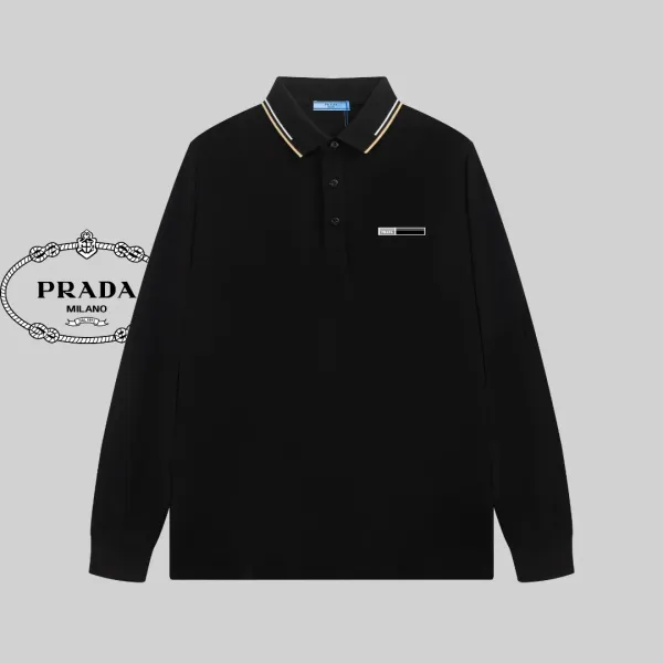 Prada Long Sleeve Polo Black Polo Shirt - 12