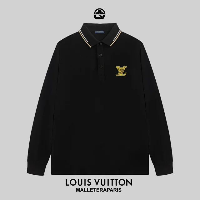 Louis Vuitton Shirts Long-Sleeve Polo Shirt with Contrast-Tipped Collar and LV Chest Patch product detail image 5