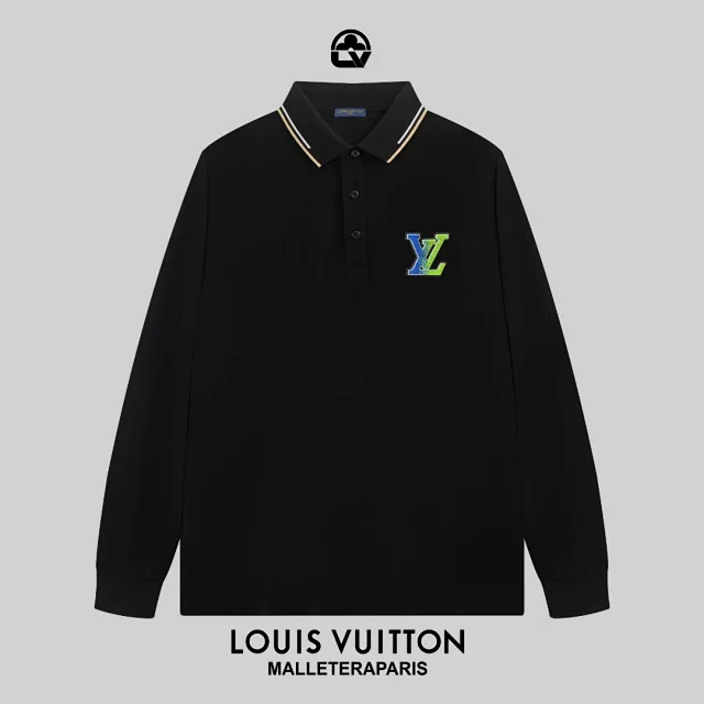 Louis Vuitton Shirts Long-Sleeve Polo Shirt with Contrast-Tipped Collar and LV Chest Patch product detail image 2