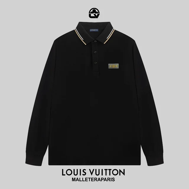 Louis Vuitton Shirts Long-Sleeve Polo Shirt with Contrast-Tipped Collar and LV Chest Patch product detail image 6