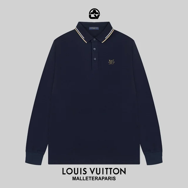 Louis Vuitton Shirts Long-Sleeve Polo Shirt with Contrast-Tipped Collar and LV Chest Patch product detail image 8