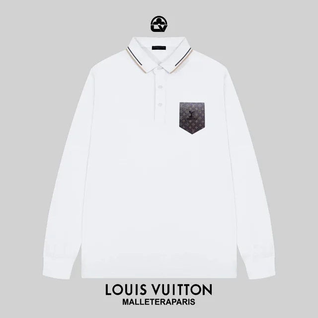Louis Vuitton Shirts Long-Sleeve Polo Shirt with Contrast-Tipped Collar and LV Chest Patch product detail image 10