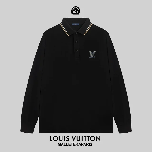 Louis Vuitton Shirts Long-Sleeve Polo Shirt with Contrast-Tipped Collar and LV Chest Patch product detail image 3
