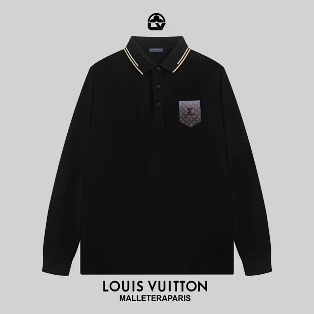 Louis Vuitton Shirts Long-Sleeve Polo Shirt with Contrast-Tipped Collar and LV Chest Patch product detail image 4