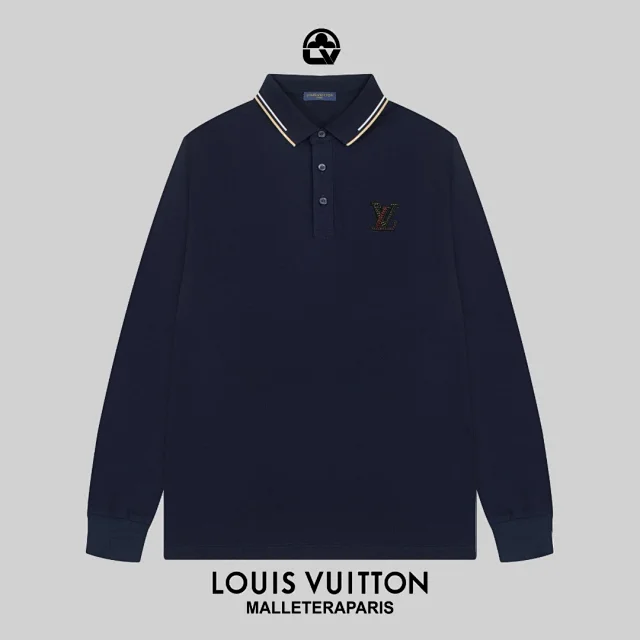 Louis Vuitton Shirts Long-Sleeve Polo Shirt with Contrast-Tipped Collar and LV Chest Patch product detail image 9