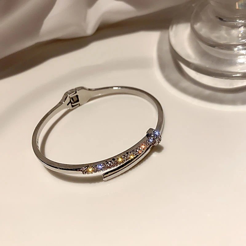 Silver T Bar Crystal Encrusted Bangle Bracelet