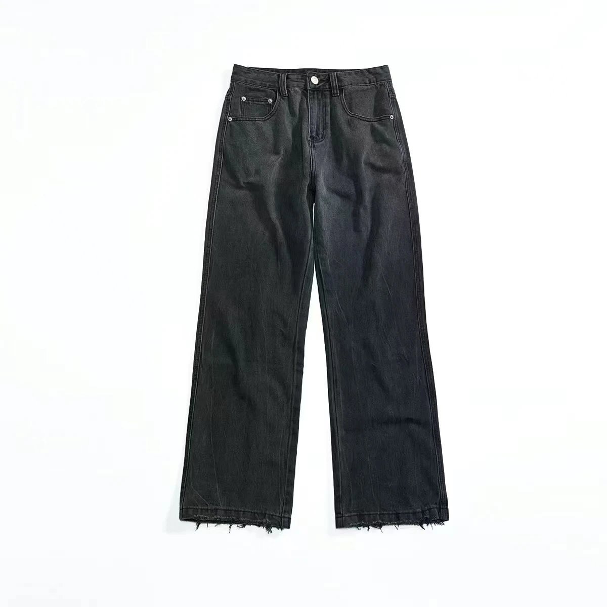 Distressed Dark Gray Wide Leg Denim Jeans