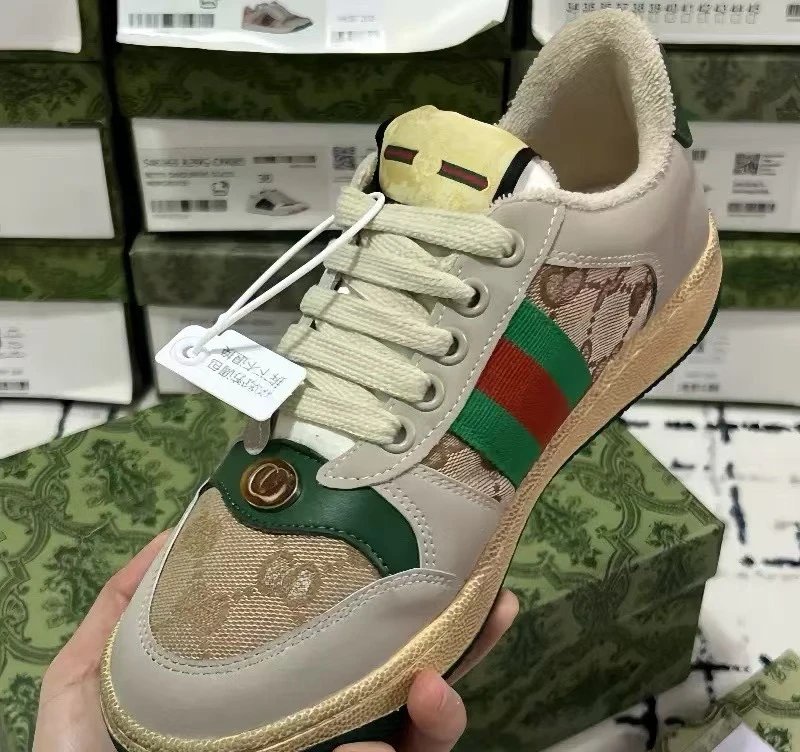 Gucci Rhyton Beige Purple Green Web Low Top Sneakers