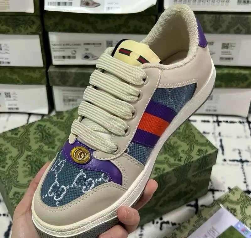 Gucci Rhyton Beige Purple Green Web Low Top Sneakers