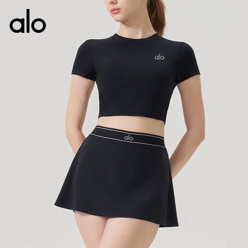 Alo Yoga Short Sleeve Crop Top Pink Sporty Skort Set