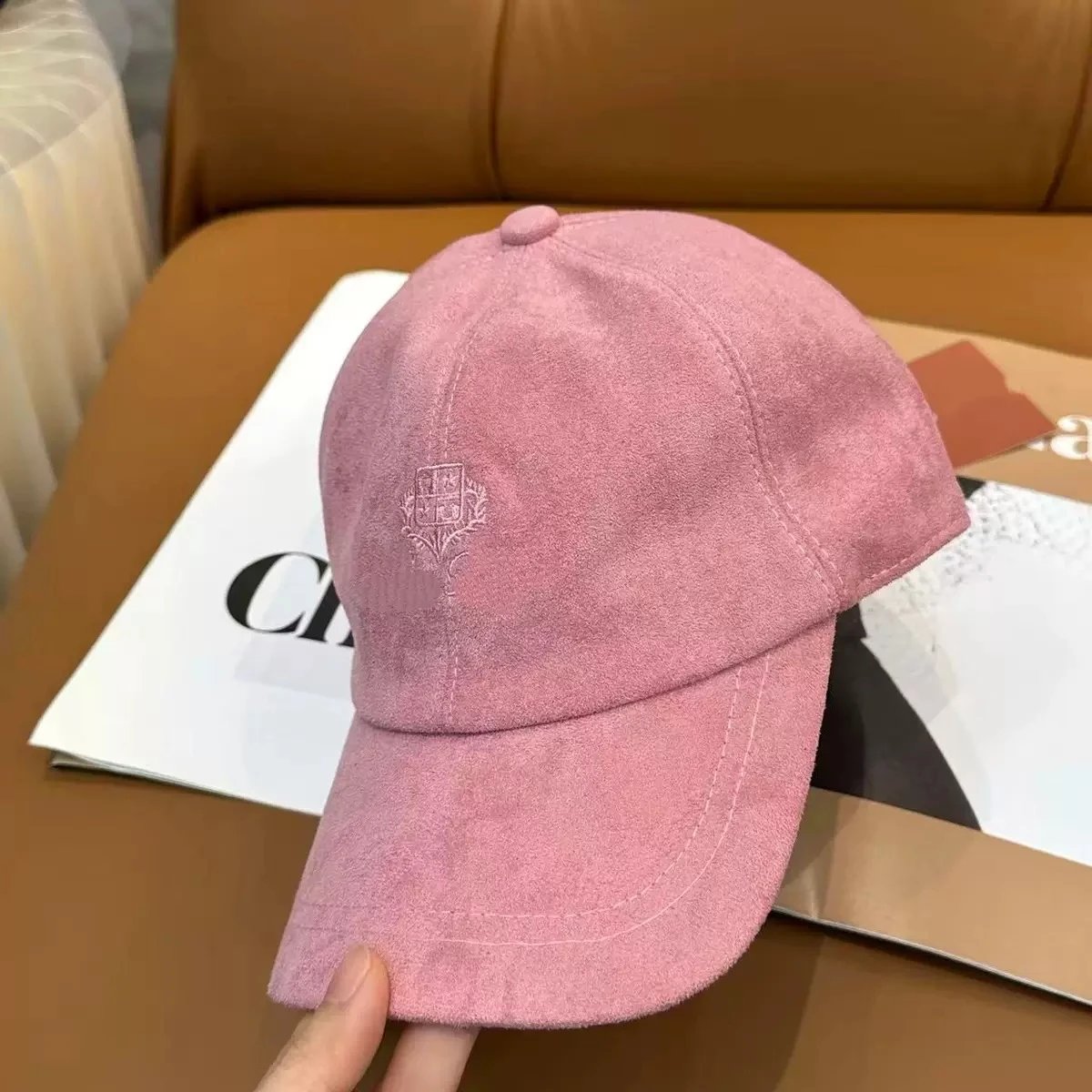 Suede Baseball Cap Navy Blue Embroidered Logo Casual Hat