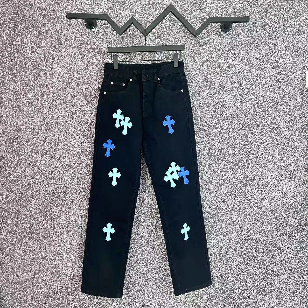 Cross Motif Denim Jeans Multicolor Patchwork Streetwear