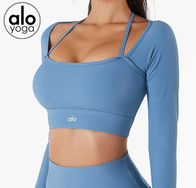 Alo Yoga White Ribbed Cropped Long Sleeve Set