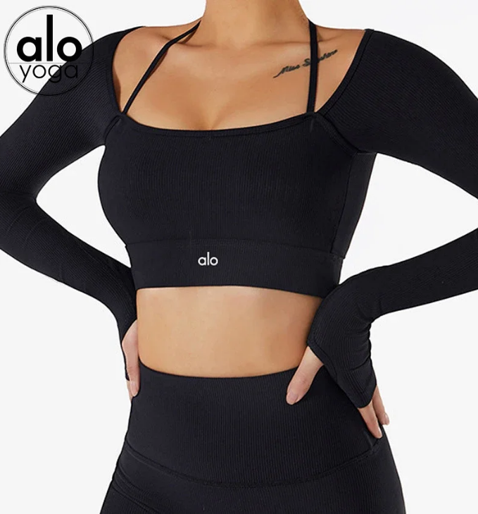 Alo Yoga White Ribbed Cropped Long Sleeve Set