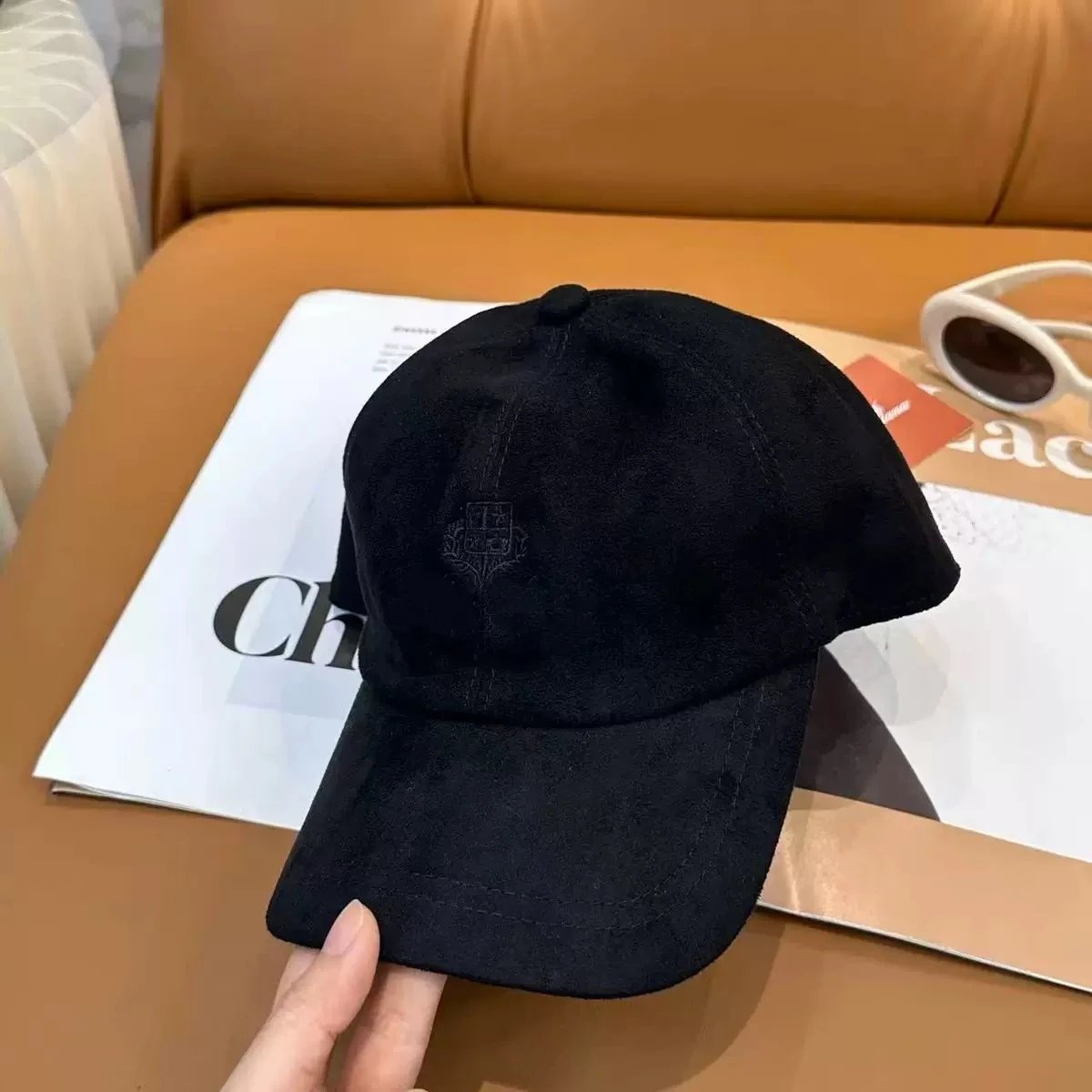 Suede Baseball Cap Navy Blue Embroidered Logo Casual Hat