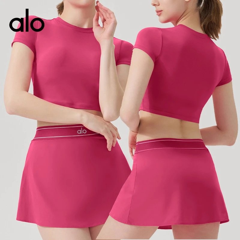 Alo Yoga Short Sleeve Crop Top Pink Sporty Skort Set