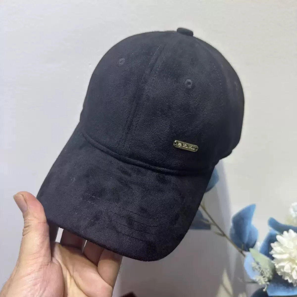 Suede Baseball Cap Navy Blue Embroidered Logo Casual Hat