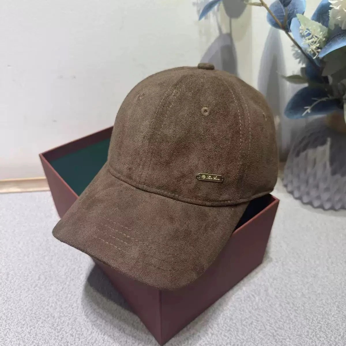 Suede Baseball Cap Navy Blue Embroidered Logo Casual Hat