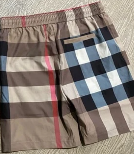 Burberry Check Print Black and Beige Plaid Swim Trunks
