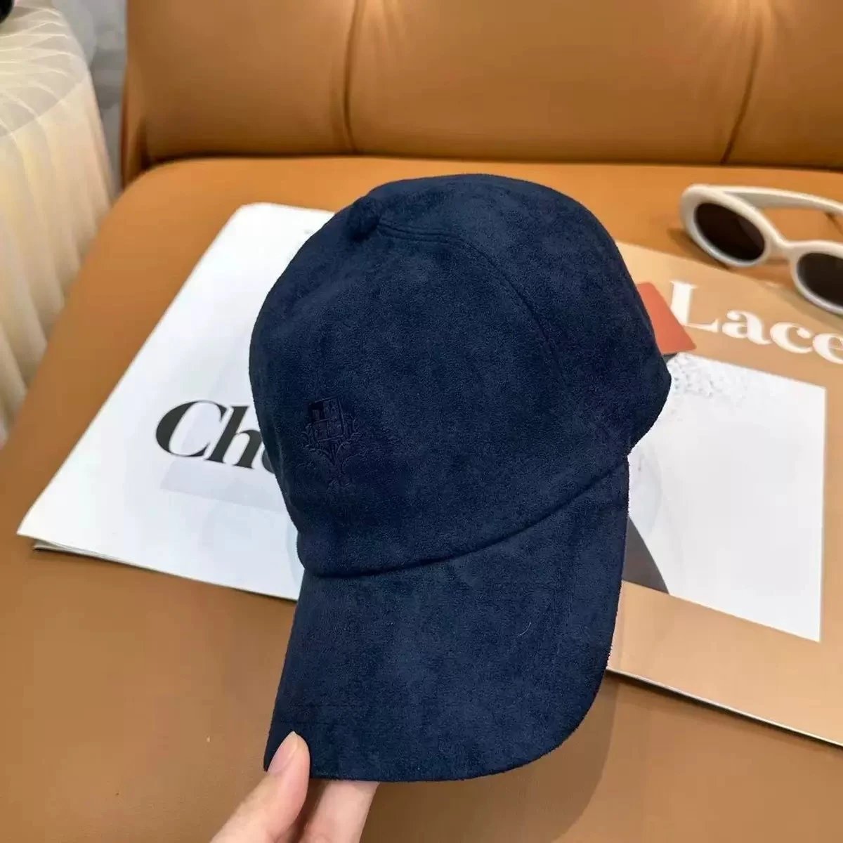 Suede Baseball Cap Navy Blue Embroidered Logo Casual Hat