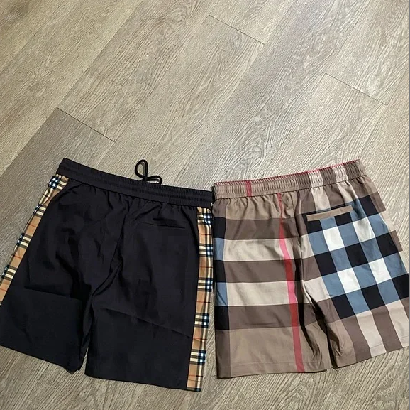 Burberry Check Print Black and Beige Plaid Swim Trunks
