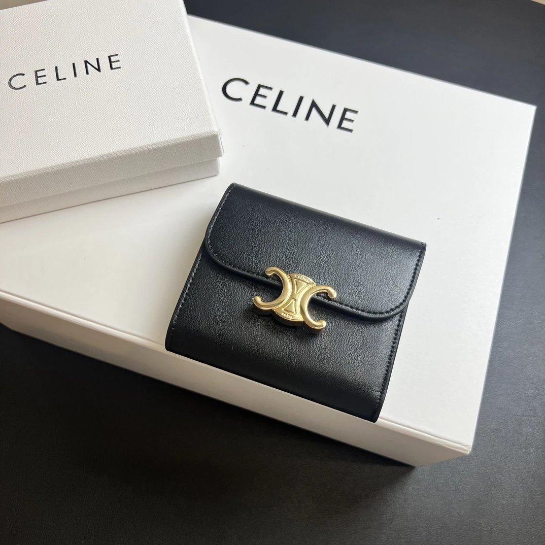 Celine Triomphe Small Wallet Shiny Calfskin Black