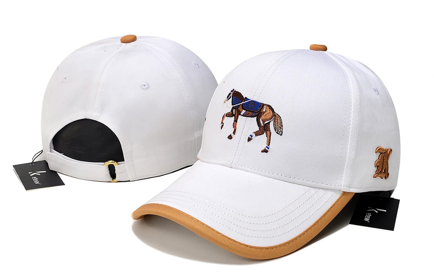 Ketav Horse Embroidery White Baseball Cap with Tan Brim - 12