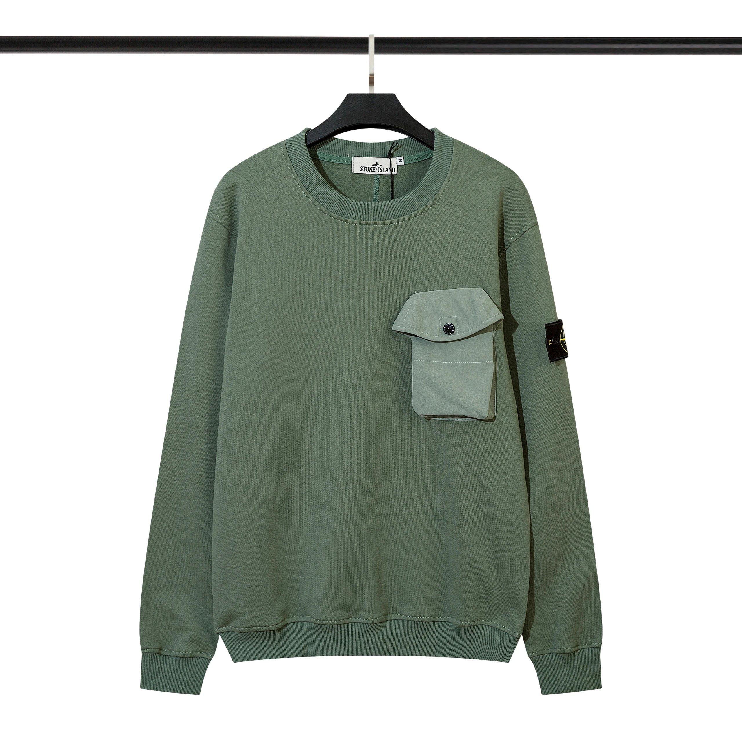 Stone Island Patch Pocket Crewneck Sweatshirt Army Green - 1