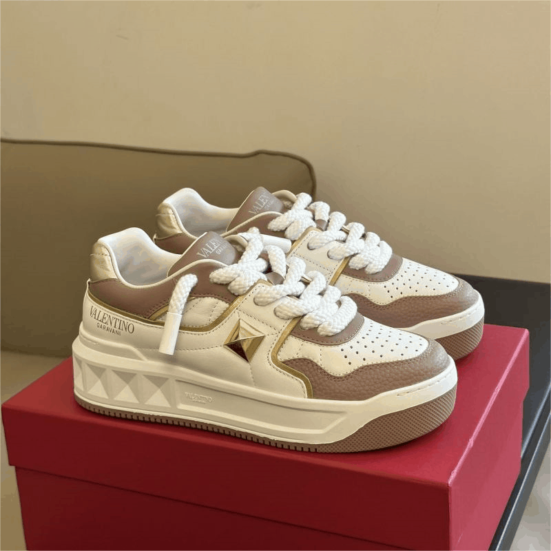 Valentino Rockstud White And Beige Fashion Sneakers