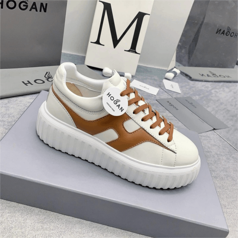 Hogan White Brown Leather Casual Sneakers