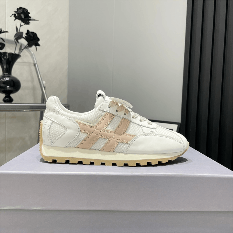 White Mesh Sneakers With Pink Stripes Casual Shoes