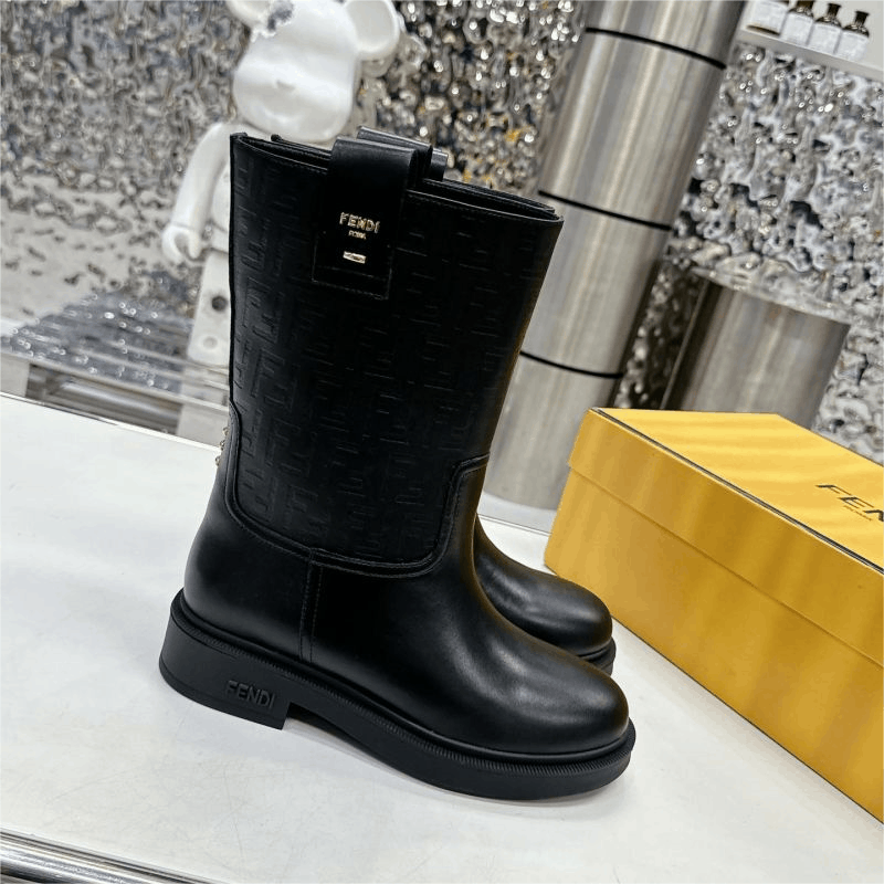 Fendi FF Monogram Embossed Leather Mid-Calf Boots