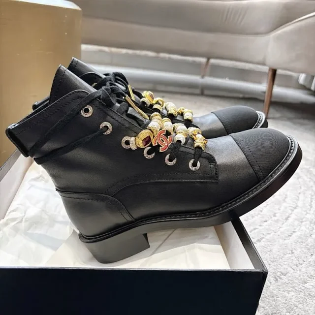 Chanel Boots Lace-Up Ankle with Cap Toe, Charm Detail and Block Heel product detail image 3