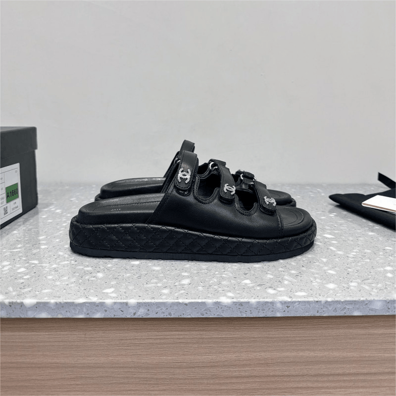 Chanel Black Quilted Platform Slides