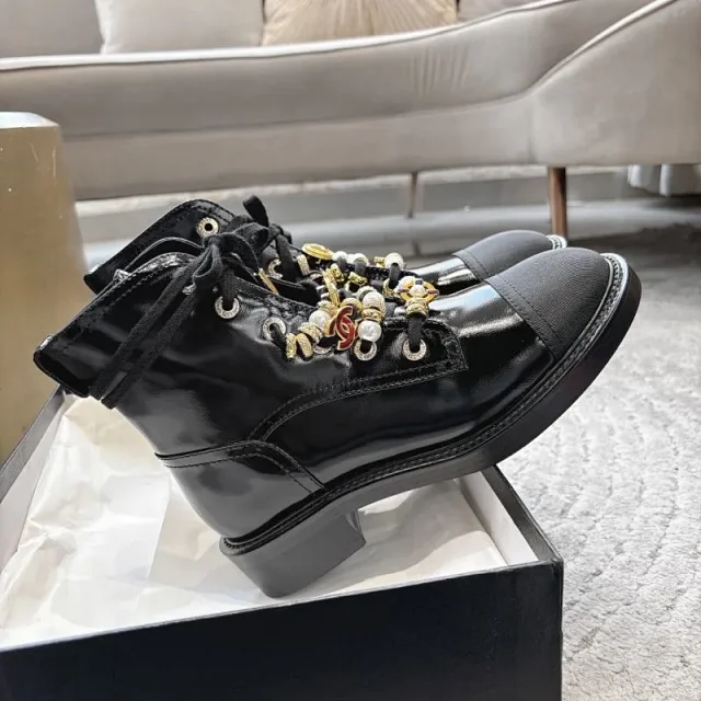 Chanel Boots Lace-Up Ankle with Cap Toe, Charm Detail and Block Heel product detail image 1