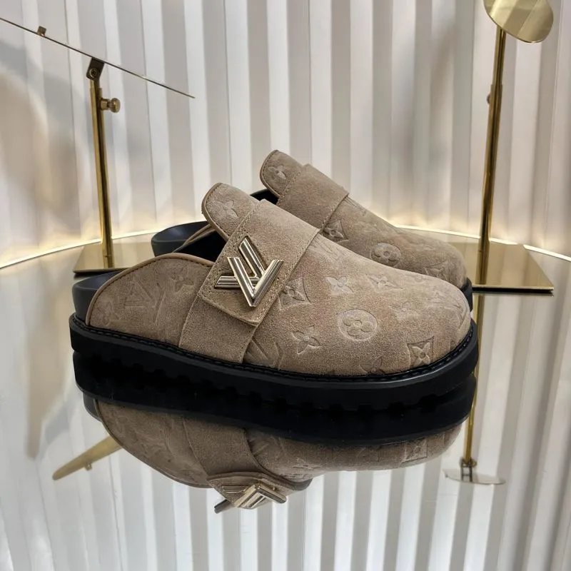 Louis Vuitton Monogram Suede Mule in Beige with Black Platform Sole Casual Shoes