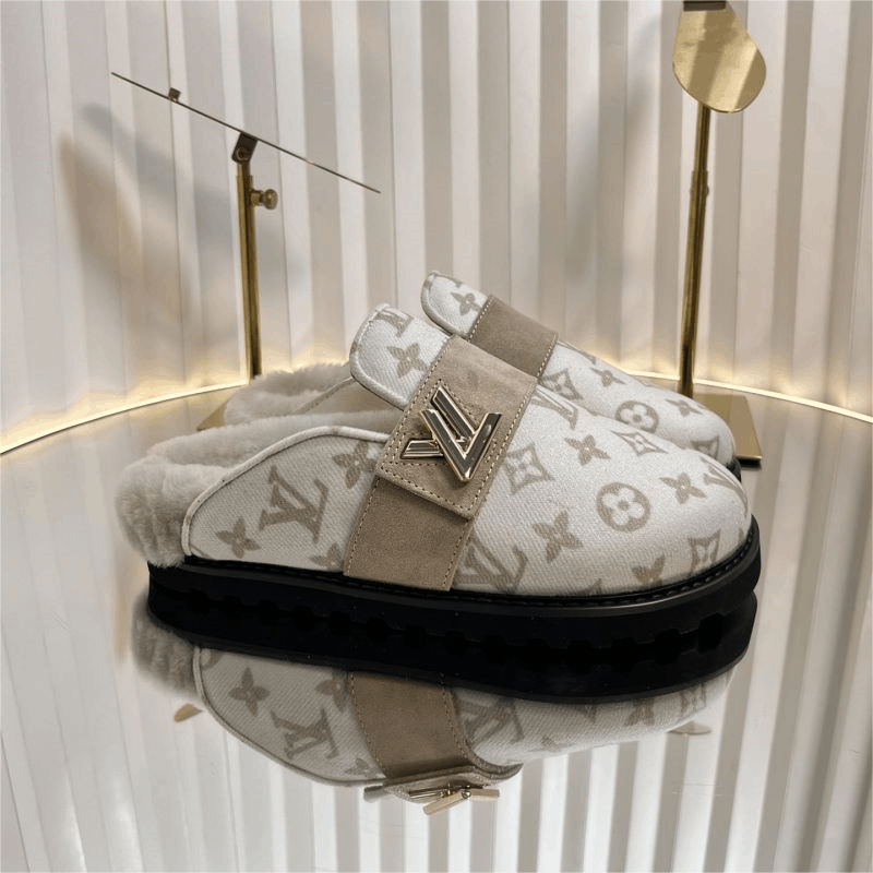 Louis Vuitton Monogram White Furry Slip-On Slippers