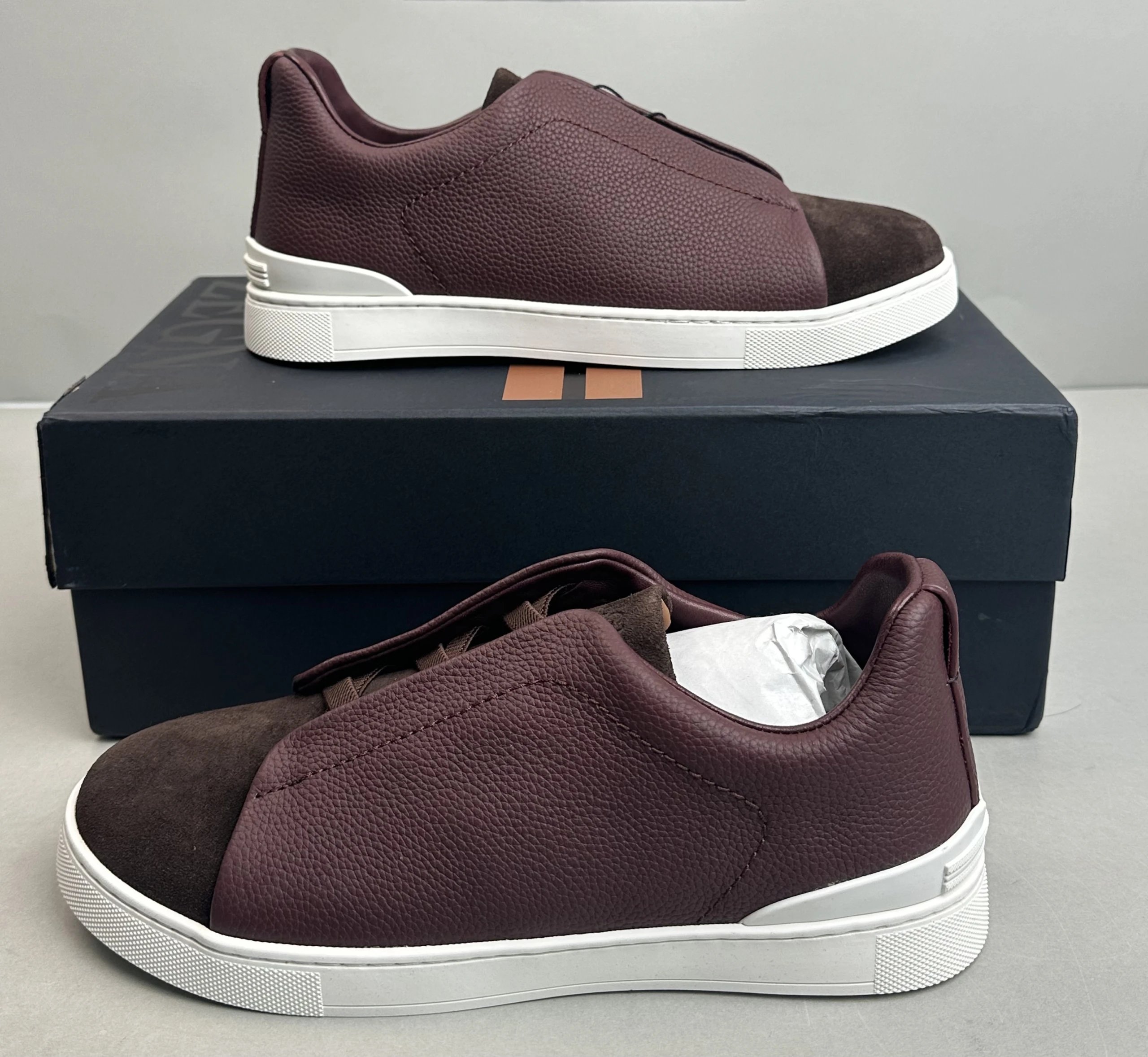 Zegna Triple Stitch Leather Sneaker Burgundy Brown