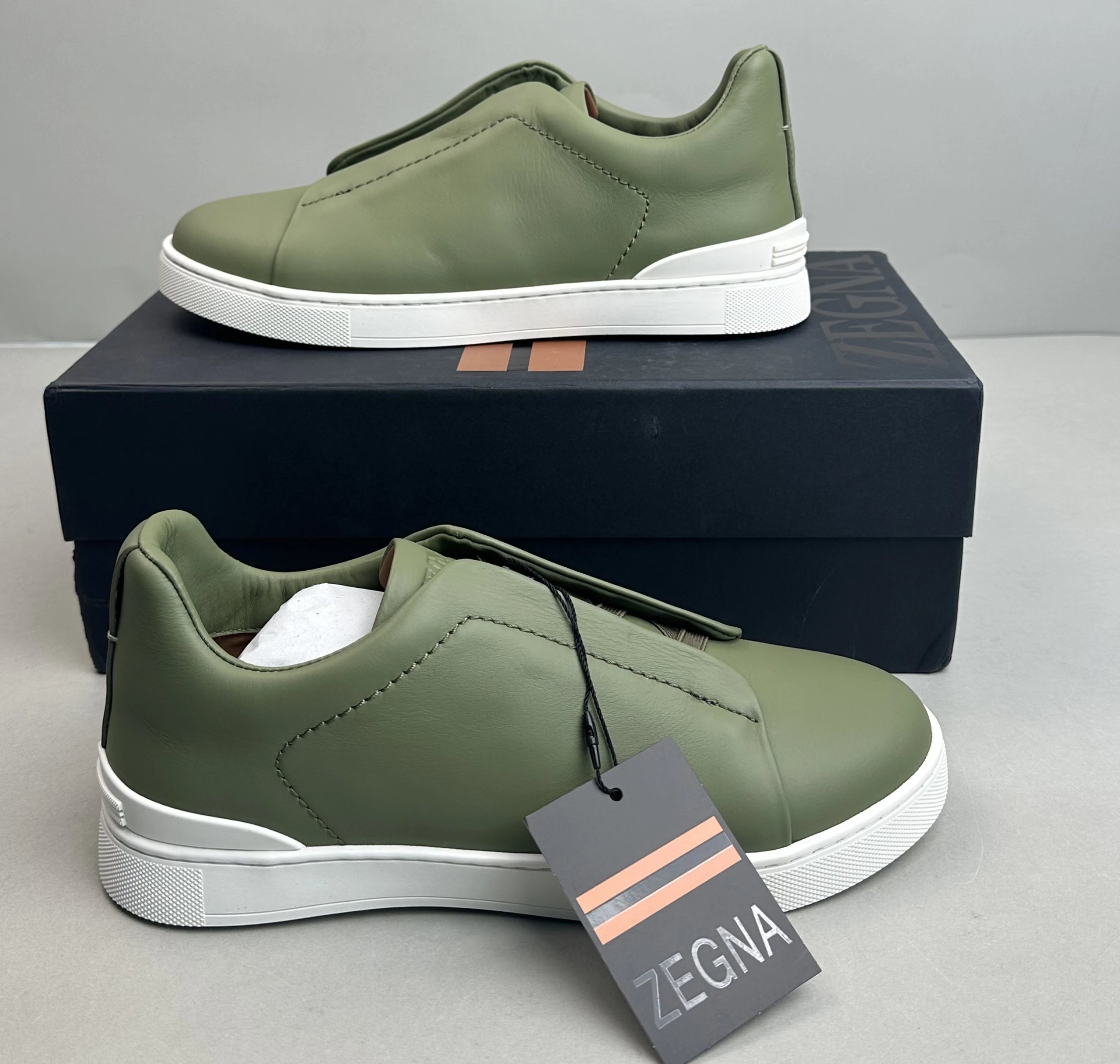Zegna Triple Stitch Leather Sneaker Olive White