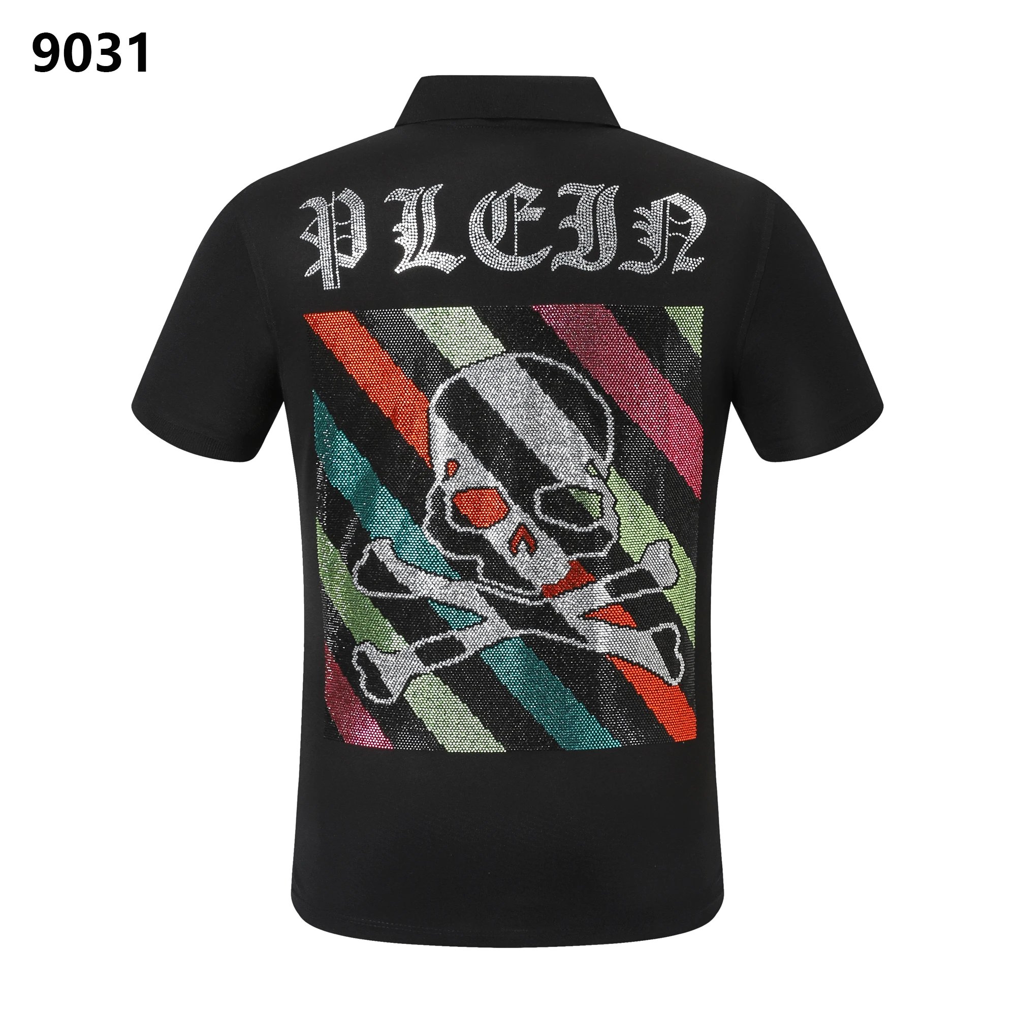 Philipp Plein Skull Striped Rhinestone Polo Black