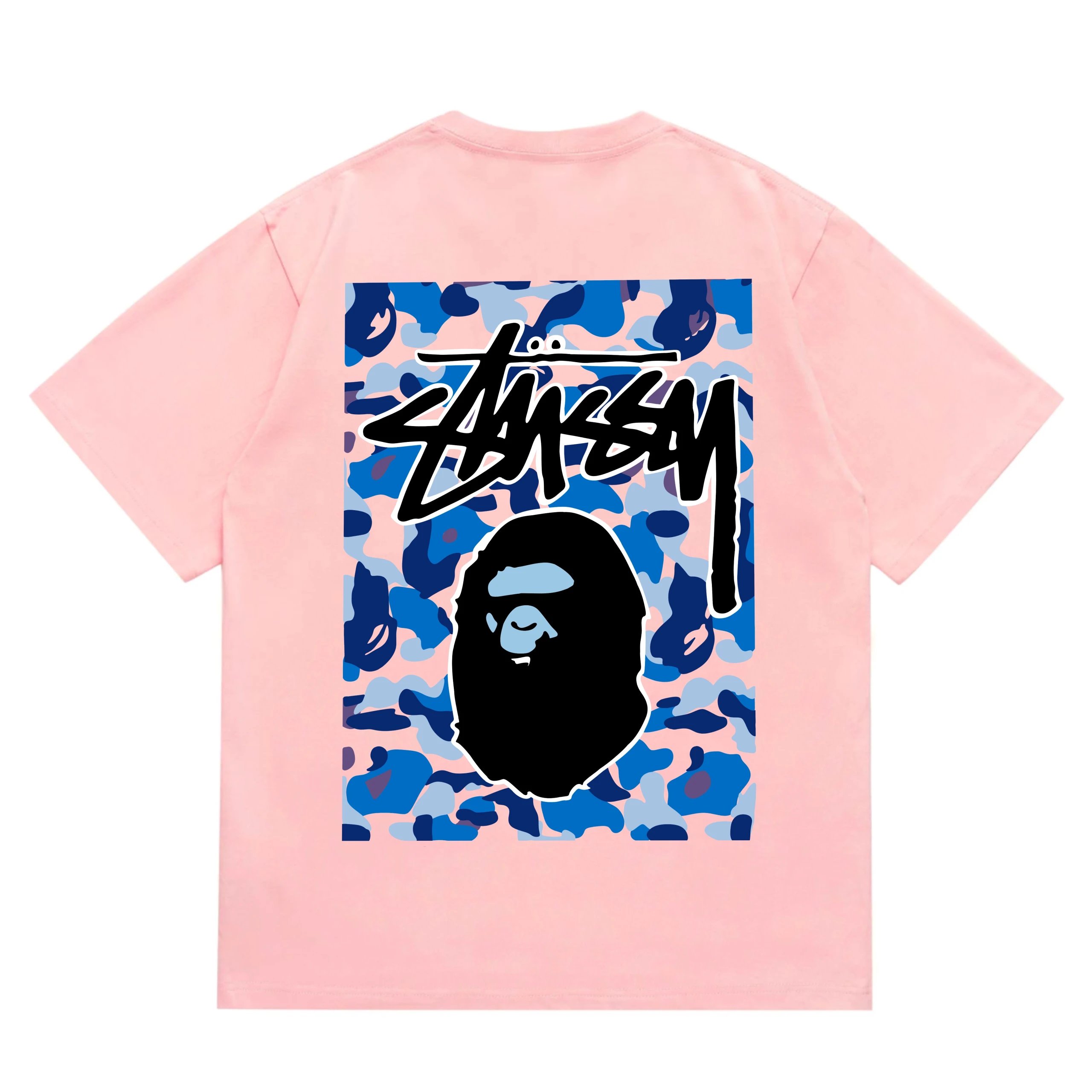 BAPE x Stussy Camo Ape Head Graphic Tee Pink